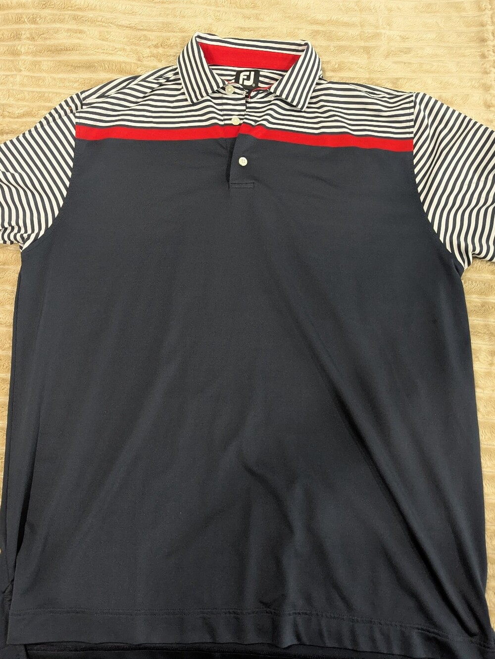 Foot Joy Men’s Navy Golf Polo with Striped Shoulders and Red Accent